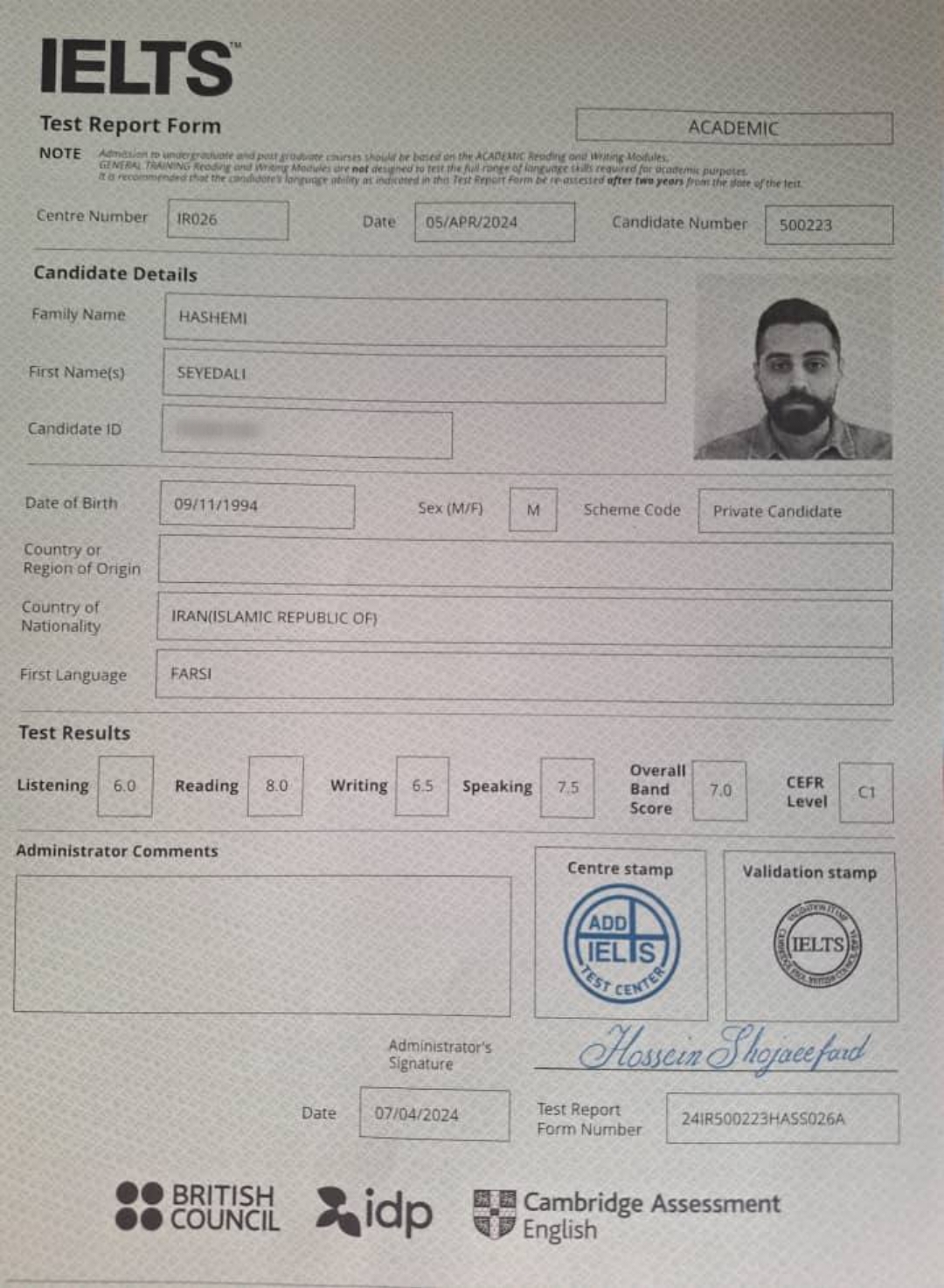 کارنامه آیلتس 6