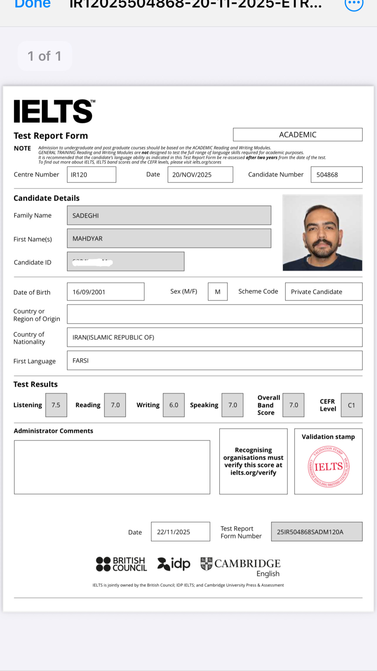 کارنامه آیلتس 7